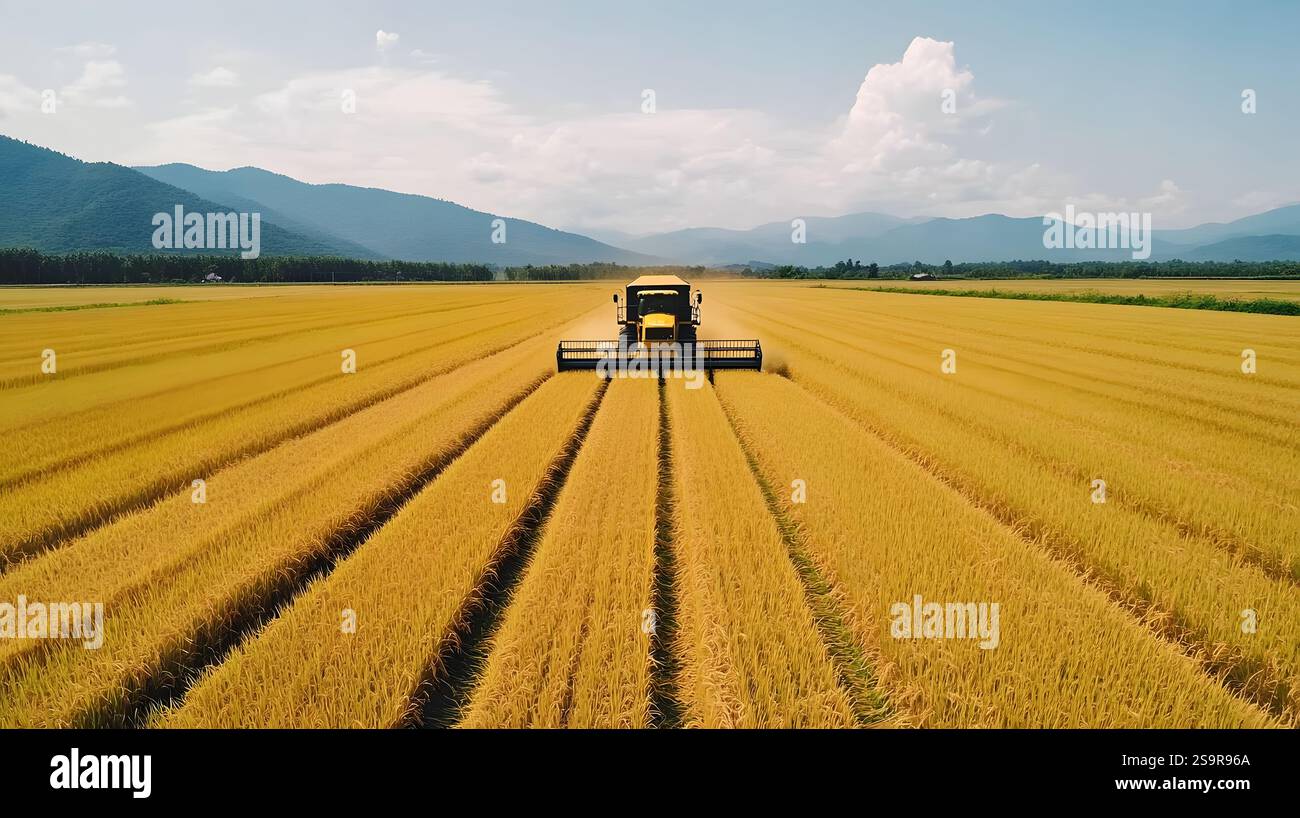 Automated combine harvester working efficiently in a vast golden rice ...