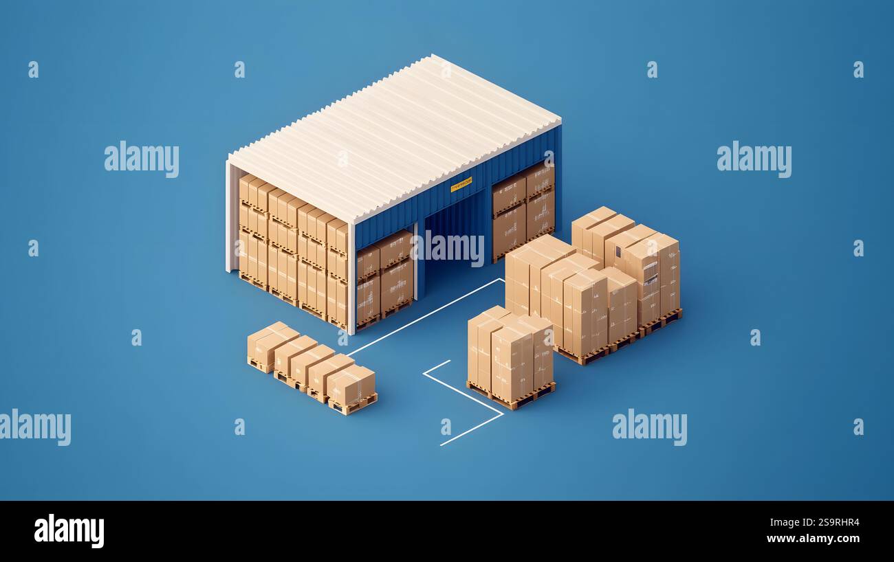 Organized and optimized isometric 3D of a warehouse layout with clear ...