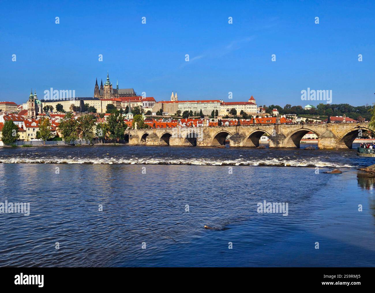 view on the moldova and the Charles Bridge and a castle in Prague - Smartphone Captured Stock Image