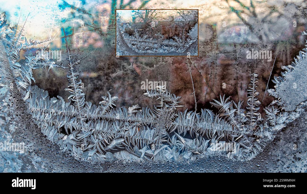 Ice crystals on Window - winter scenes Stock Photo
