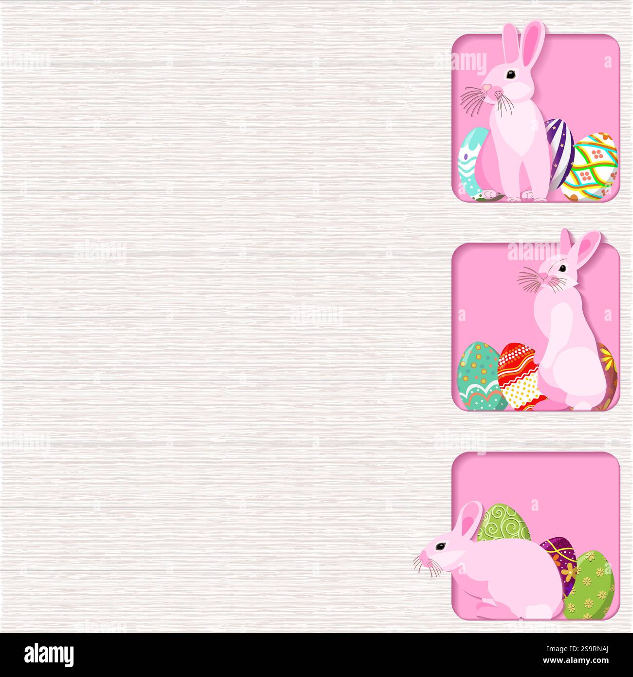 Square template design with pink Easter bunnies and colorful Easter eggs. Isolated vector illustration. Stock Vector