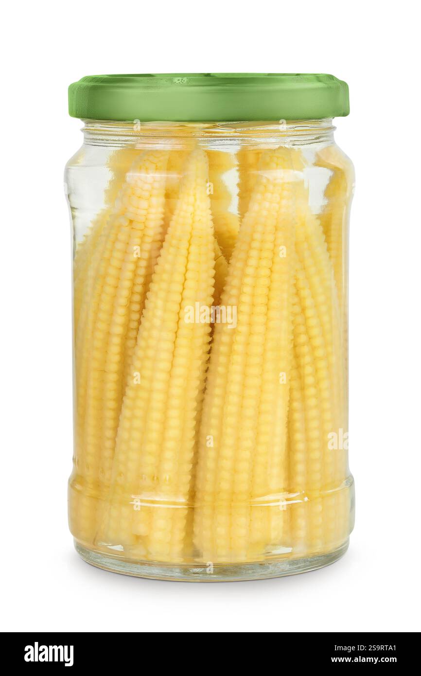 Jar of pickled young baby corn cobs isolated on white background Stock Photo
