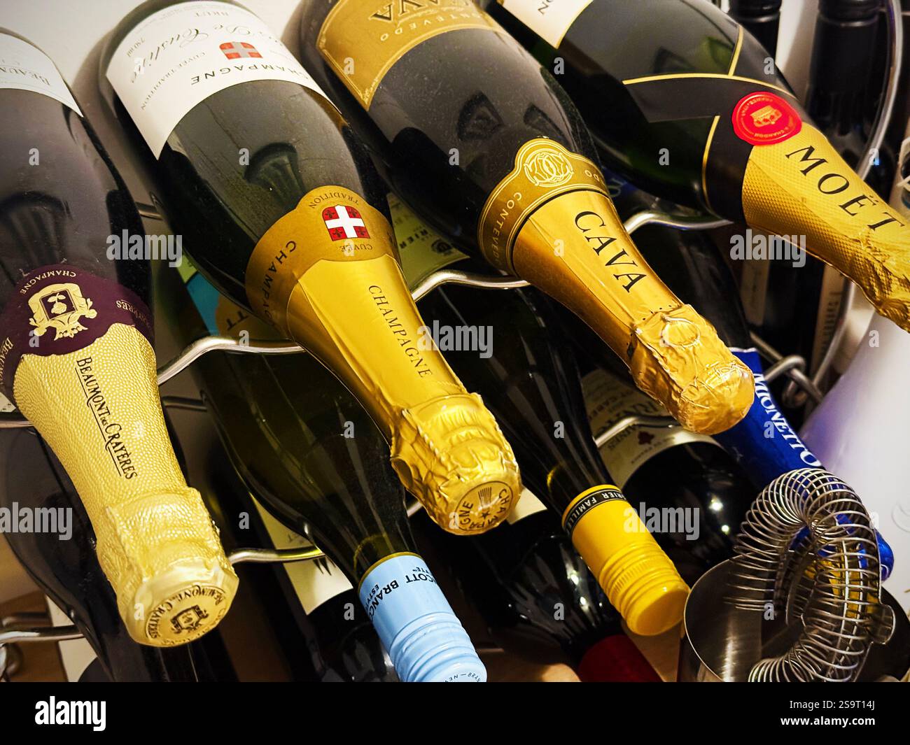 Bottles of champagne, different makes - Smartphone Captured Stock Image