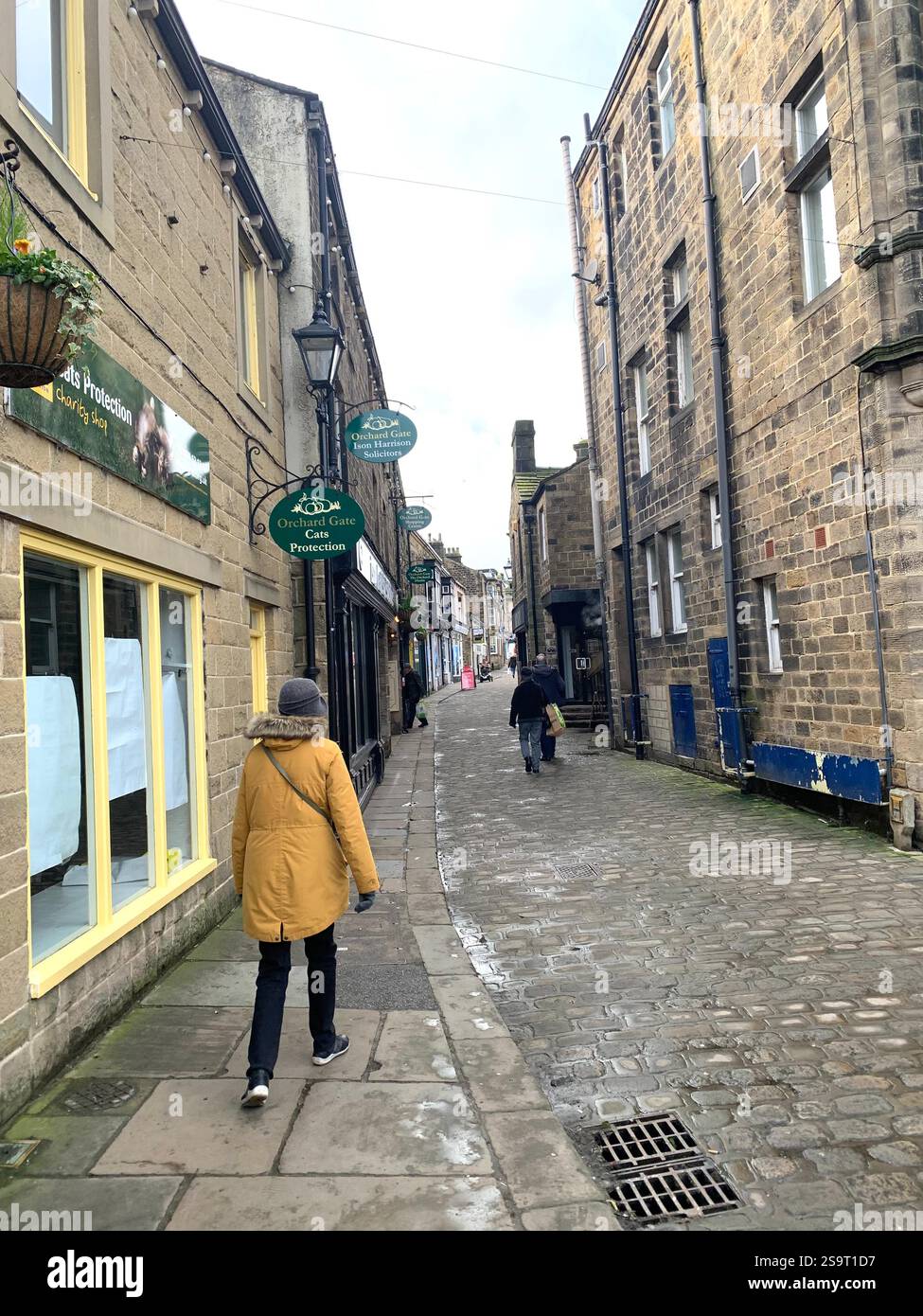 Otley Yorkshire town village place town street streets sign signs shop shops shopping shoppers life living  local pub Cromwell army history life - Smartphone Captured Stock Image