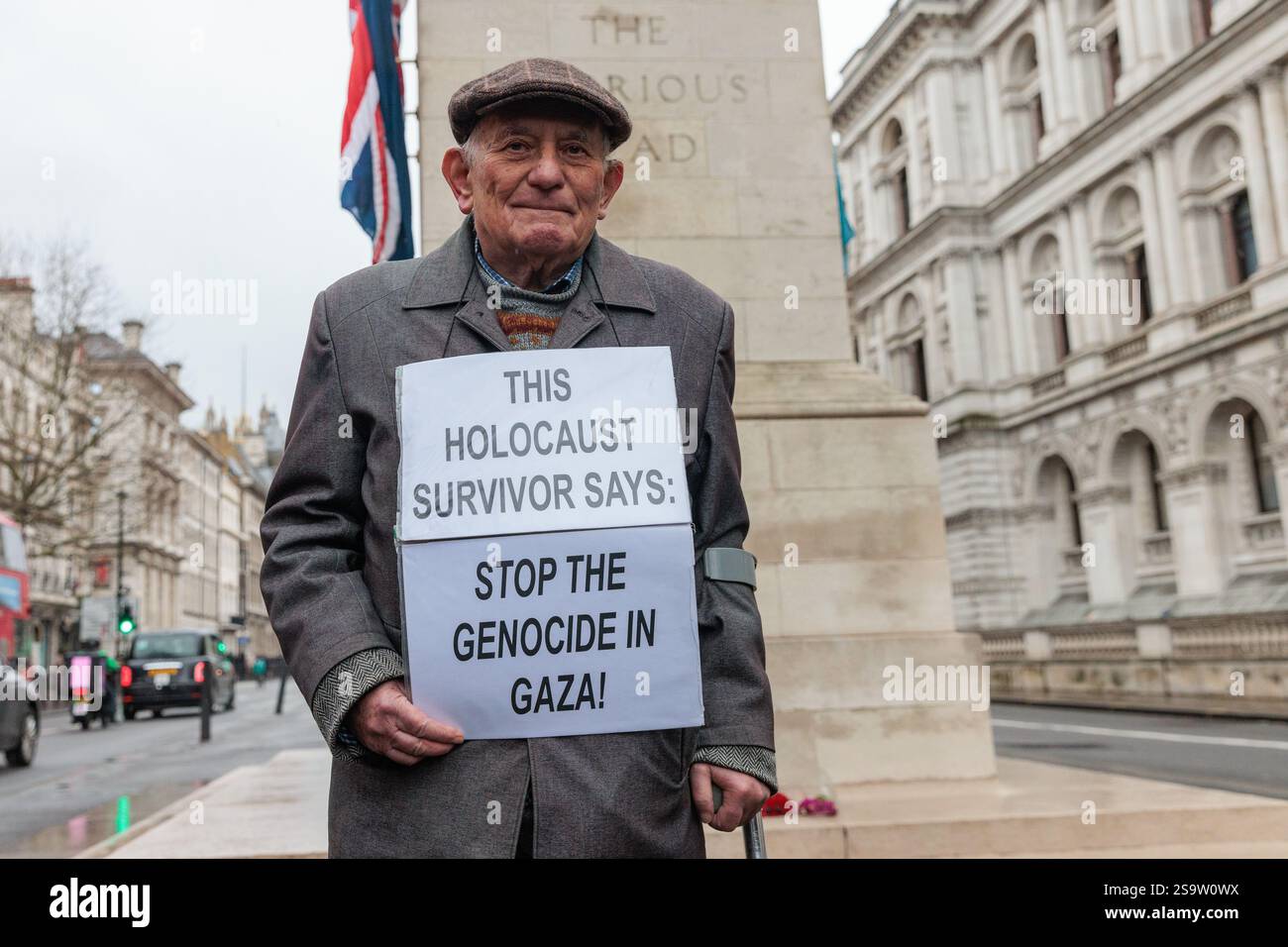 London, UK. 27th January, 2025. Holocaust survivor Stephen Kapos attends an alternative Holocaust Memorial Day ceremony at the Cenotaph organised by Jews Against Genocide. The event, a solemn and respectful ceremony including Jewish and Muslim prayers for the dead, poems, the laying of wreaths and a 3-minute silence, called attention to the recent 'Palestinian genocide' and other historic genocides, as well as to the Holocaust. Credit: Mark Kerrison/Alamy Live News Stock Photo