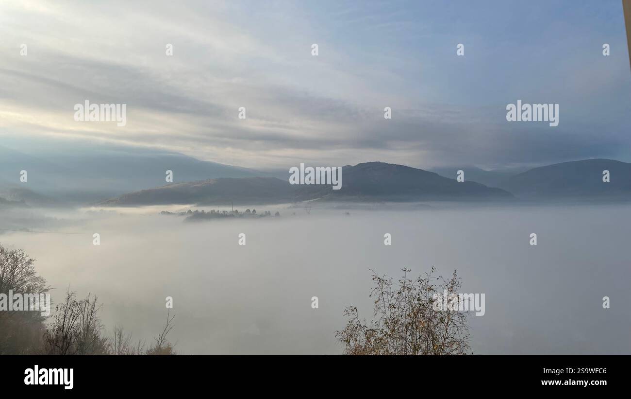 Morning mountain landscape, skyline, cloudy morning, mountain view, fog - Smartphone Captured Stock Image