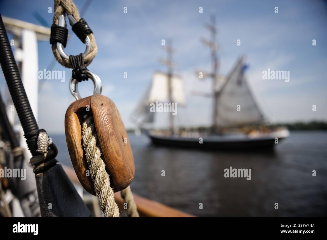 Rigging and Block Detail on a Sailing Ship with Another Ship in ...