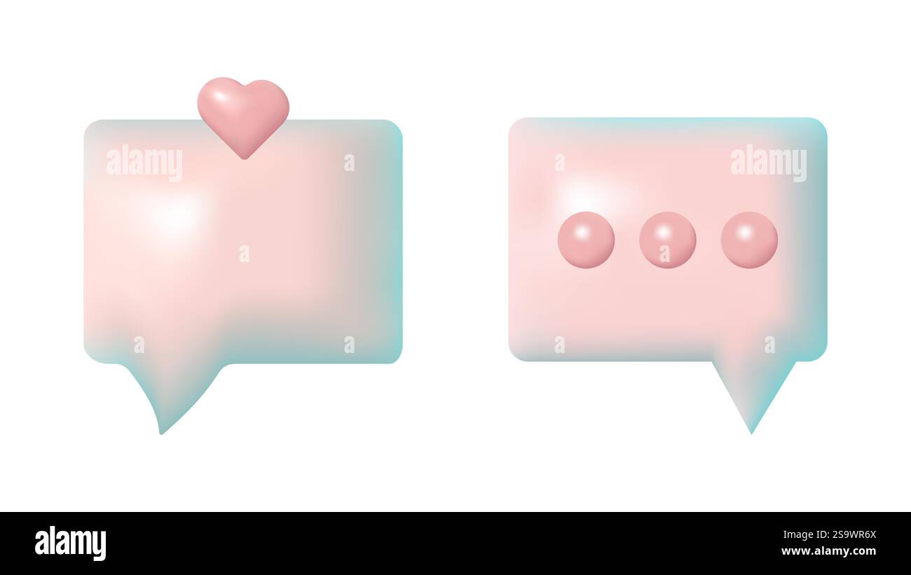3D speech bubbles different shapes message icon. Heart and dots. For social media advertising posters. Vector isolated set. Stock Vector
