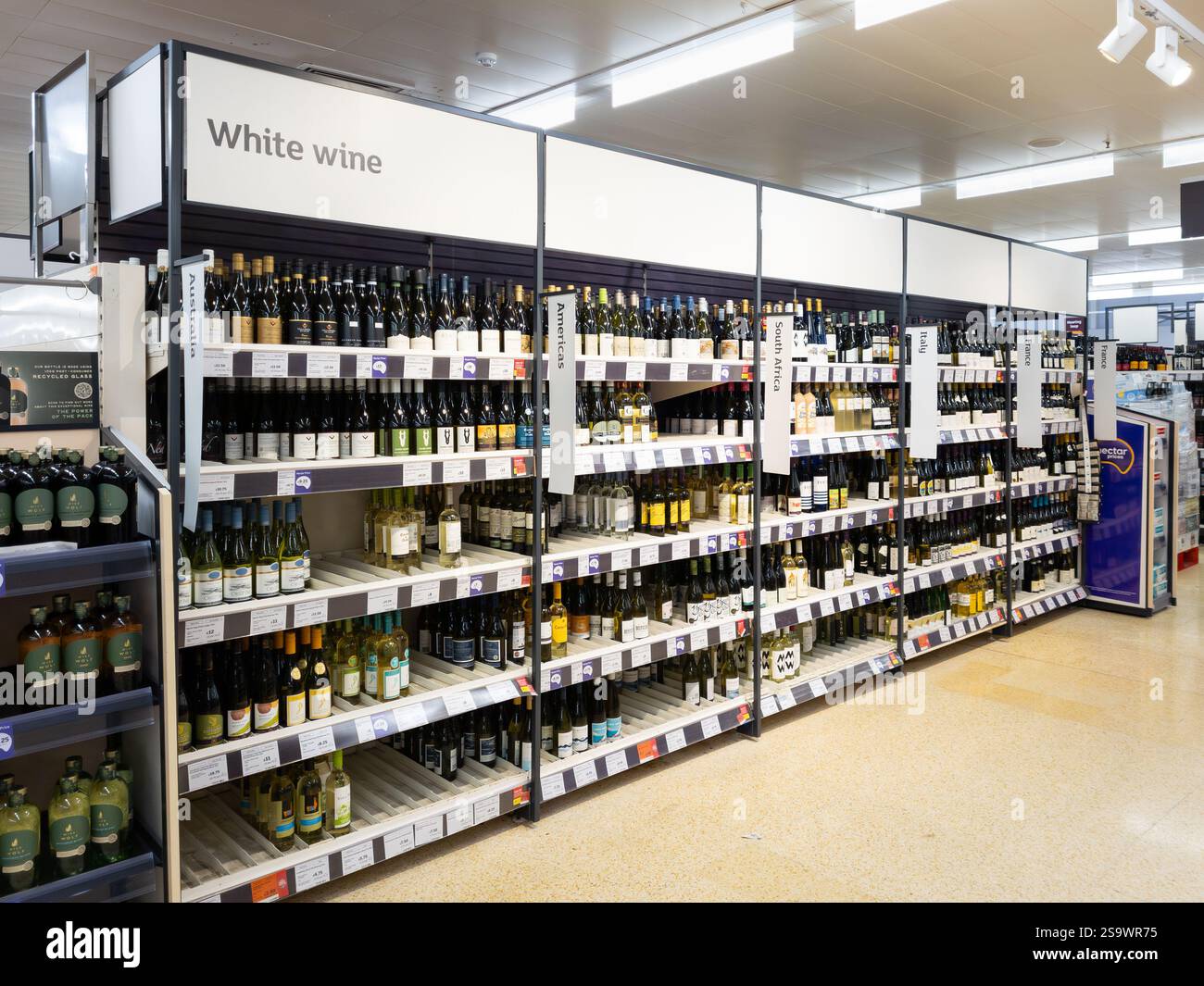 White wine aisle in a Sainsbury's supermarket, with wine bottles from different countries, UK. Concept: cost of living, alcohol sales, shoplifting - Smartphone Captured Stock Image