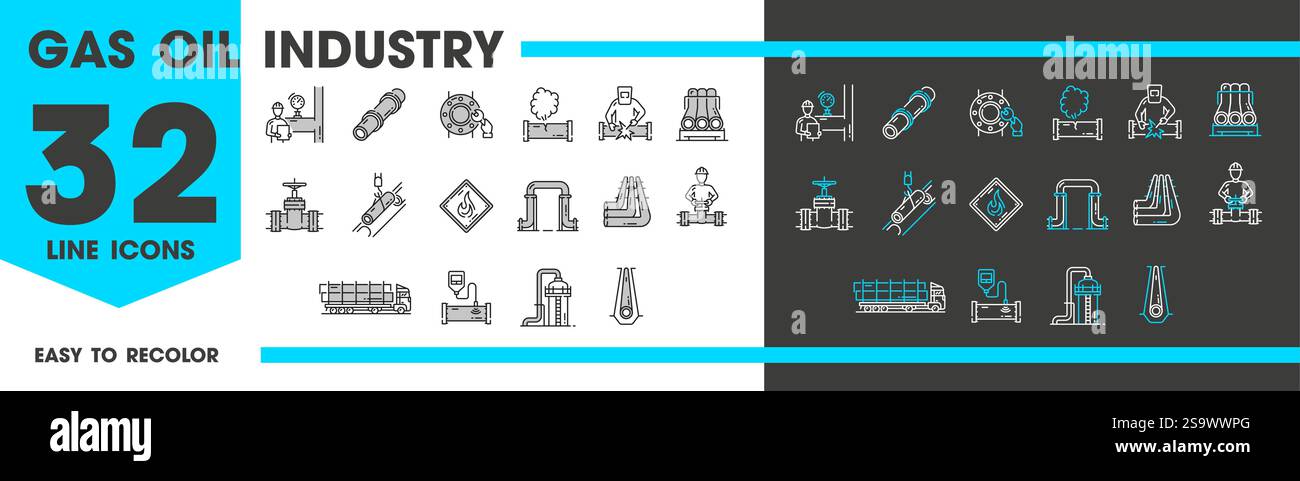 Gas oil industry line icons of fuel tank truck, pipeline, gauges and ...