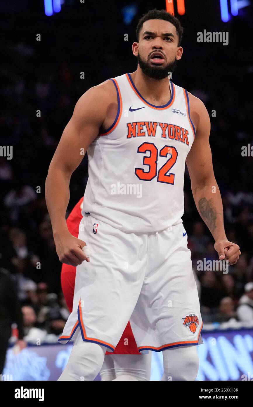 New York Knicks' Karl-Anthony Towns reacts after scoring during the ...