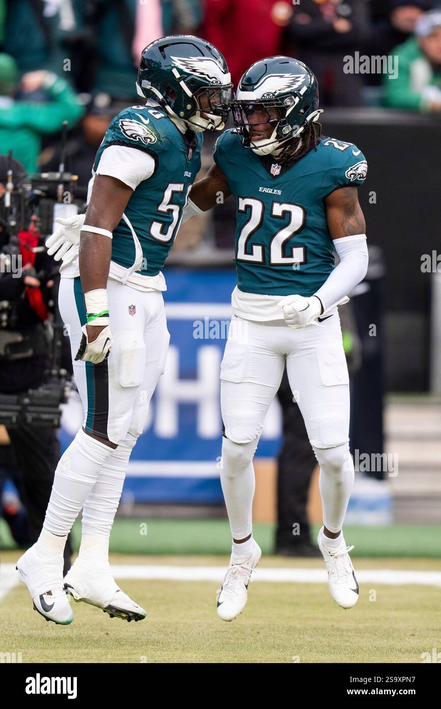 Philadelphia Eagles linebacker Jalyx Hunt (58) reacts with cornerback ...