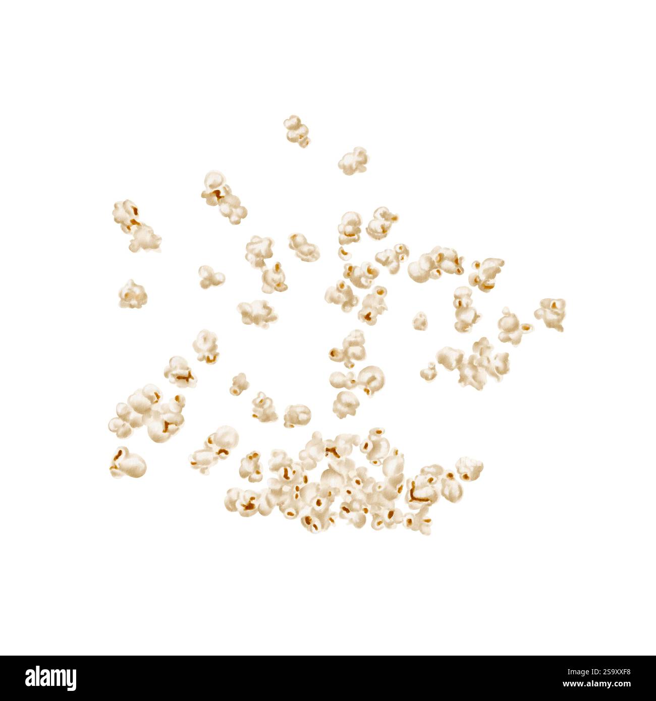 Flying popcorn. Scattered snack. Airy little flakes. Watercolor illustration. Isolated from the background. Classic retro style An additional element Stock Photo