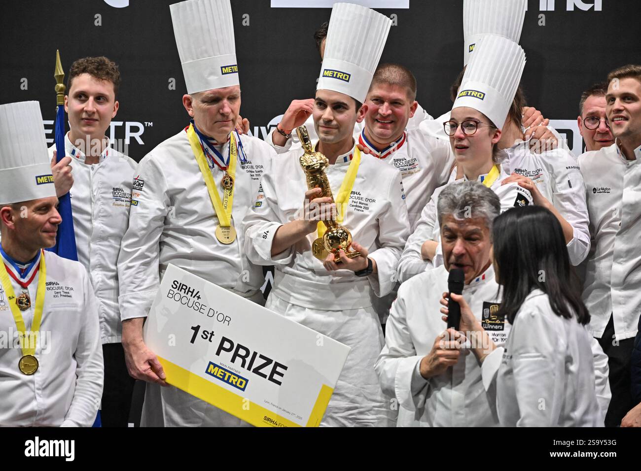 Lyon, France. 27th Jan, 2025. Team France with Paul Marcon and father Regis Marcon winning 1st Prize during the Bocuse D Or Finale ahead of SIRHA in Lyon, France on January 27, 2025. Photo by Julien Reynaud/APS-Medias/ABACAPRESS.COM Credit: Abaca Press/Alamy Live News Stock Photo
