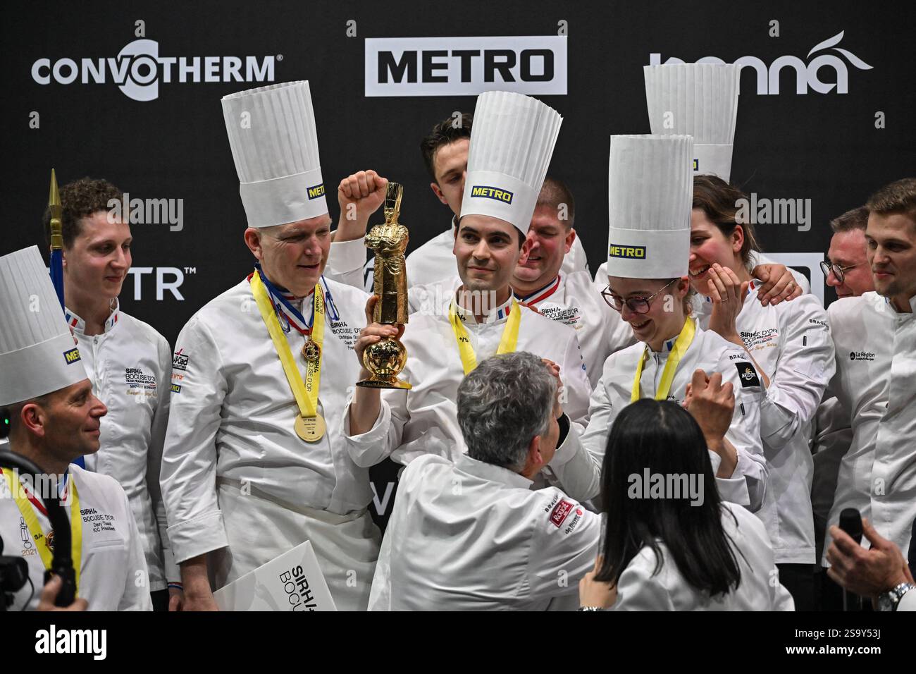 Lyon, France. 27th Jan, 2025. Team France with Paul Marcon and father Regis Marcon winning 1st Prize during the Bocuse D Or Finale ahead of SIRHA in Lyon, France on January 27, 2025. Photo by Julien Reynaud/APS-Medias/ABACAPRESS.COM Credit: Abaca Press/Alamy Live News Stock Photo
