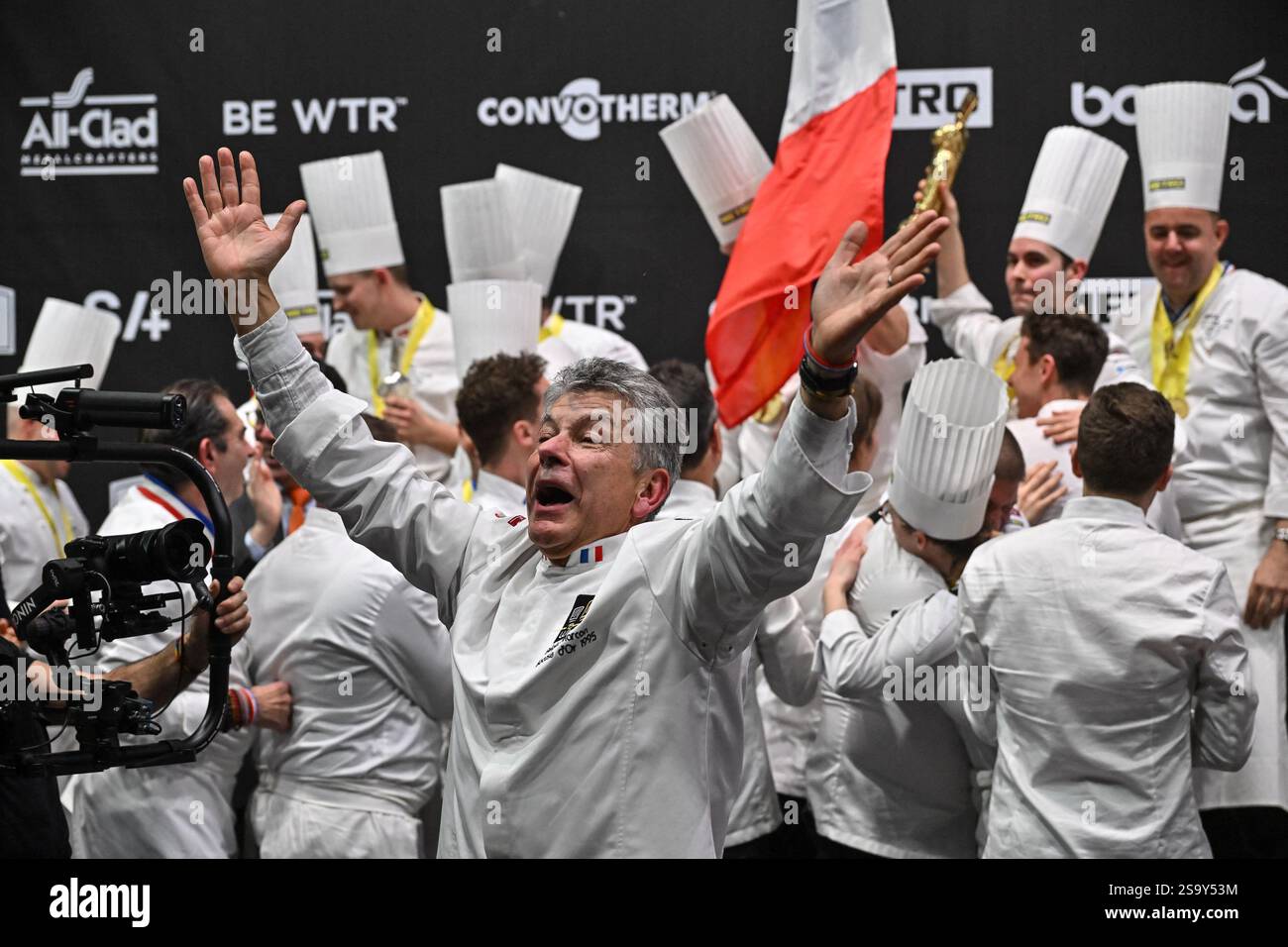 Lyon, France. 27th Jan, 2025. Team France with Paul Marcon and father Regis Marcon winning 1st Prize during the Bocuse D Or Finale ahead of SIRHA in Lyon, France on January 27, 2025. Photo by Julien Reynaud/APS-Medias/ABACAPRESS.COM Credit: Abaca Press/Alamy Live News Stock Photo