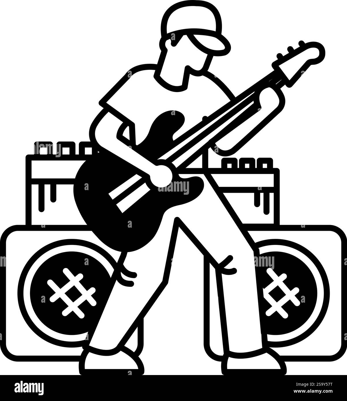 A man playing a guitar in front of two speakers. The man is wearing a hat and jeans Stock Vector