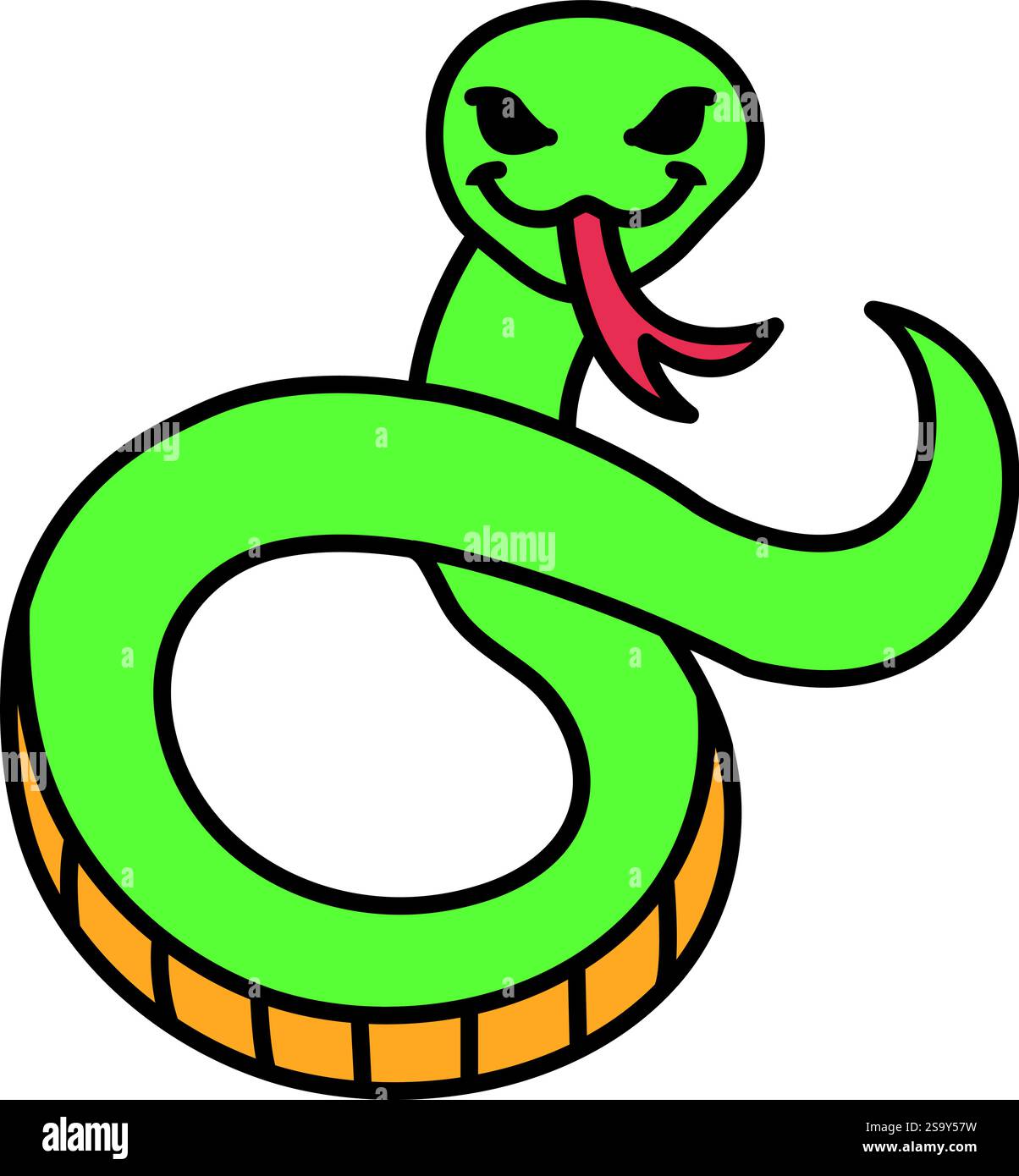 A cartoon snake with a red tongue and a menacing look on its face. The snake is green and yellow, and it is smiling Stock Vector
