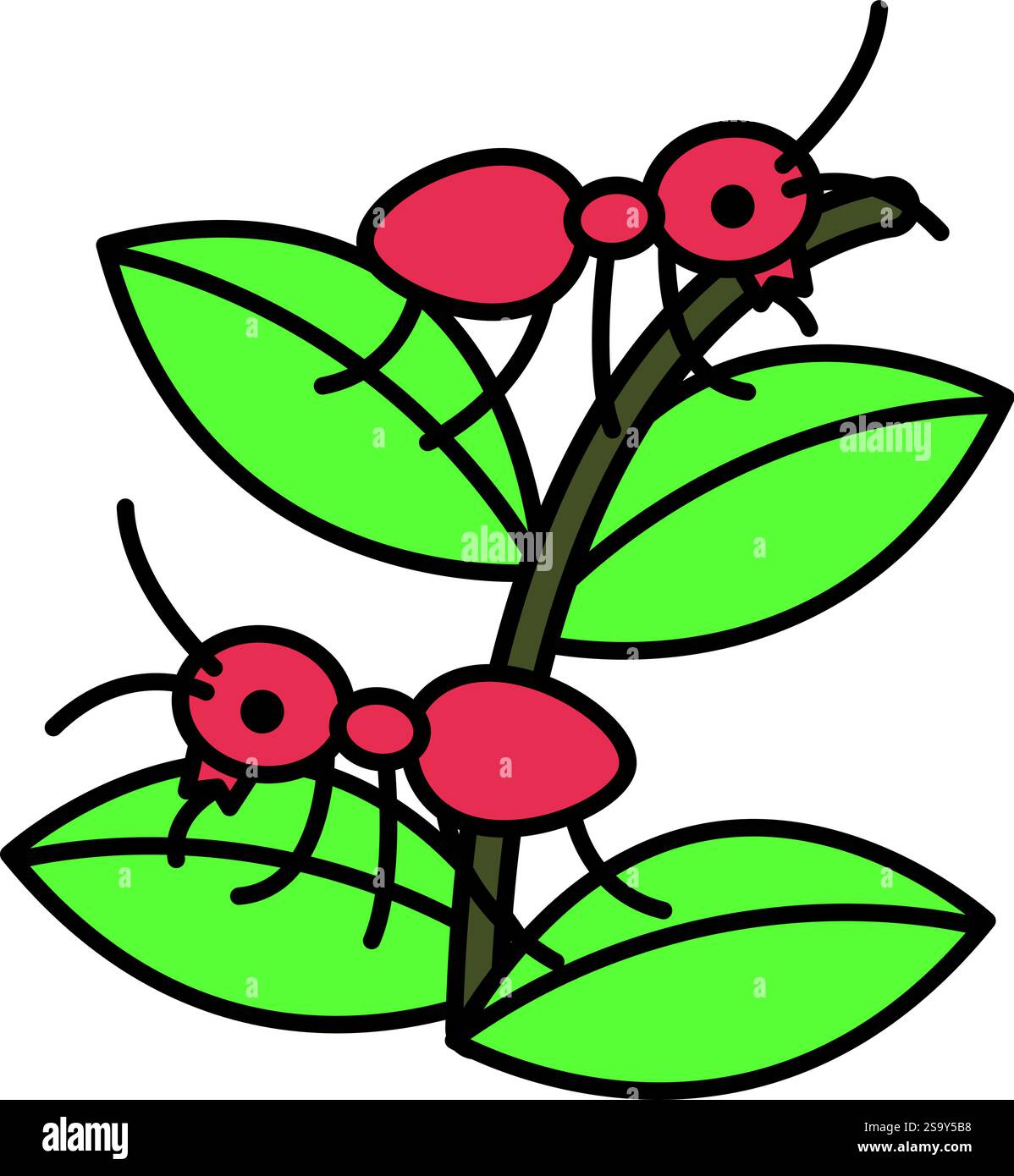 Two red ants are on a leaf. The leaf is green. The ants are looking up. The image is of a cartoon Stock Vector