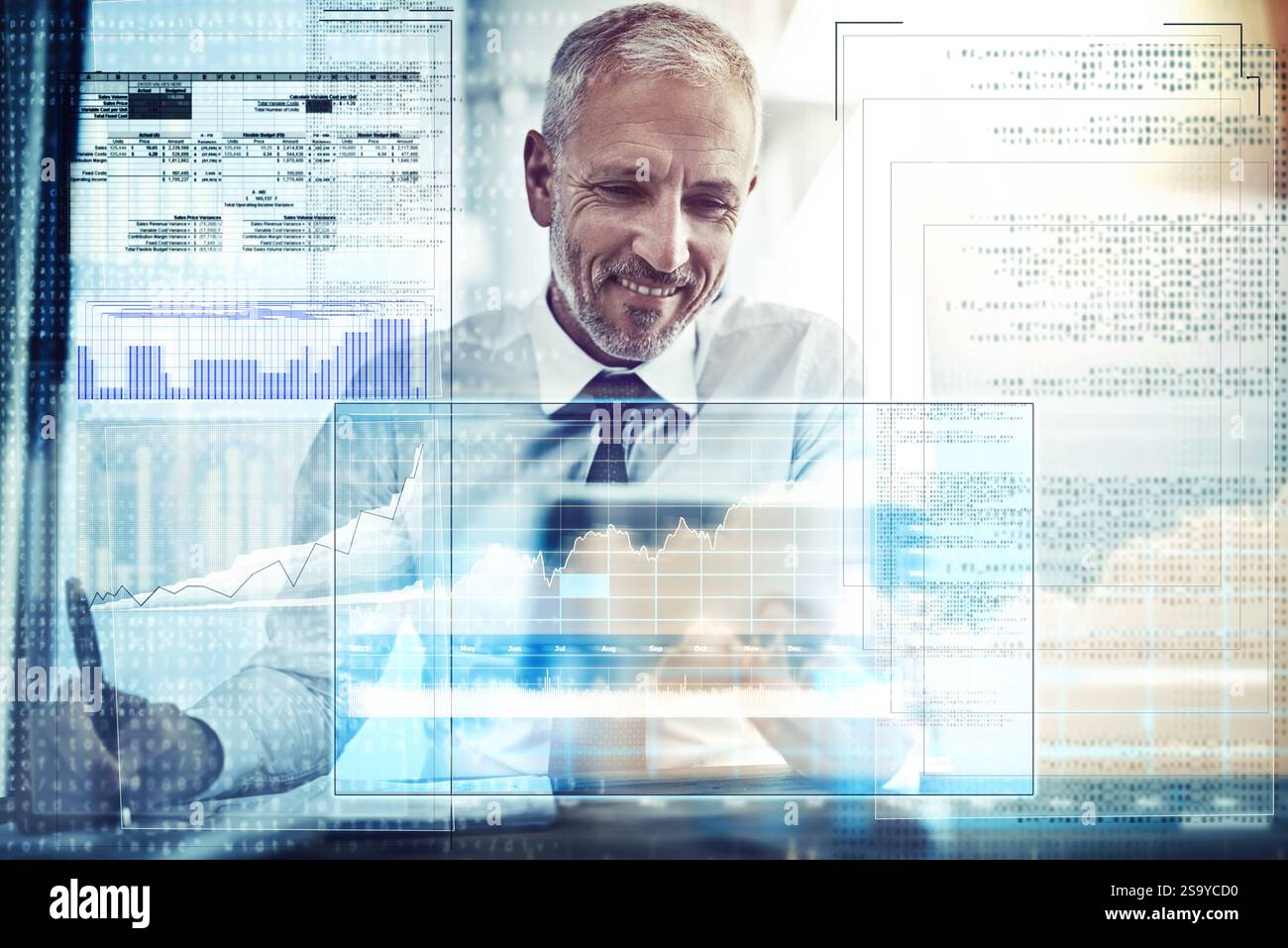 Success, data analyst and laptop with business man in office for ...