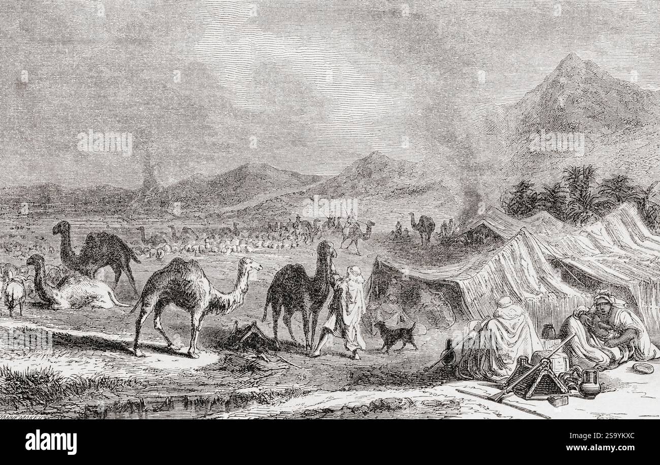 A Moorish camp, Senegal, 19th century. Seen during the journey on the Adrar and return to Saint-Louis, by Major Vincent, Captain of the General Staff (1860). Travels and expeditions in Senegal and neighbouring countries.  From Le Tour du Monde, published 1861. Stock Photo