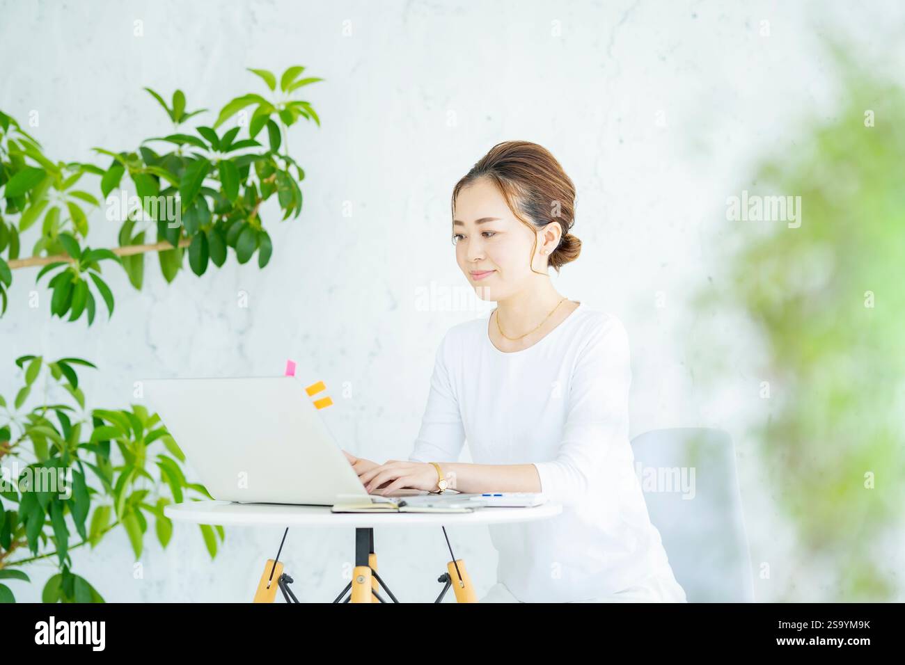 Woman operating a laptop in a well-lit room Stock Photo - Alamy