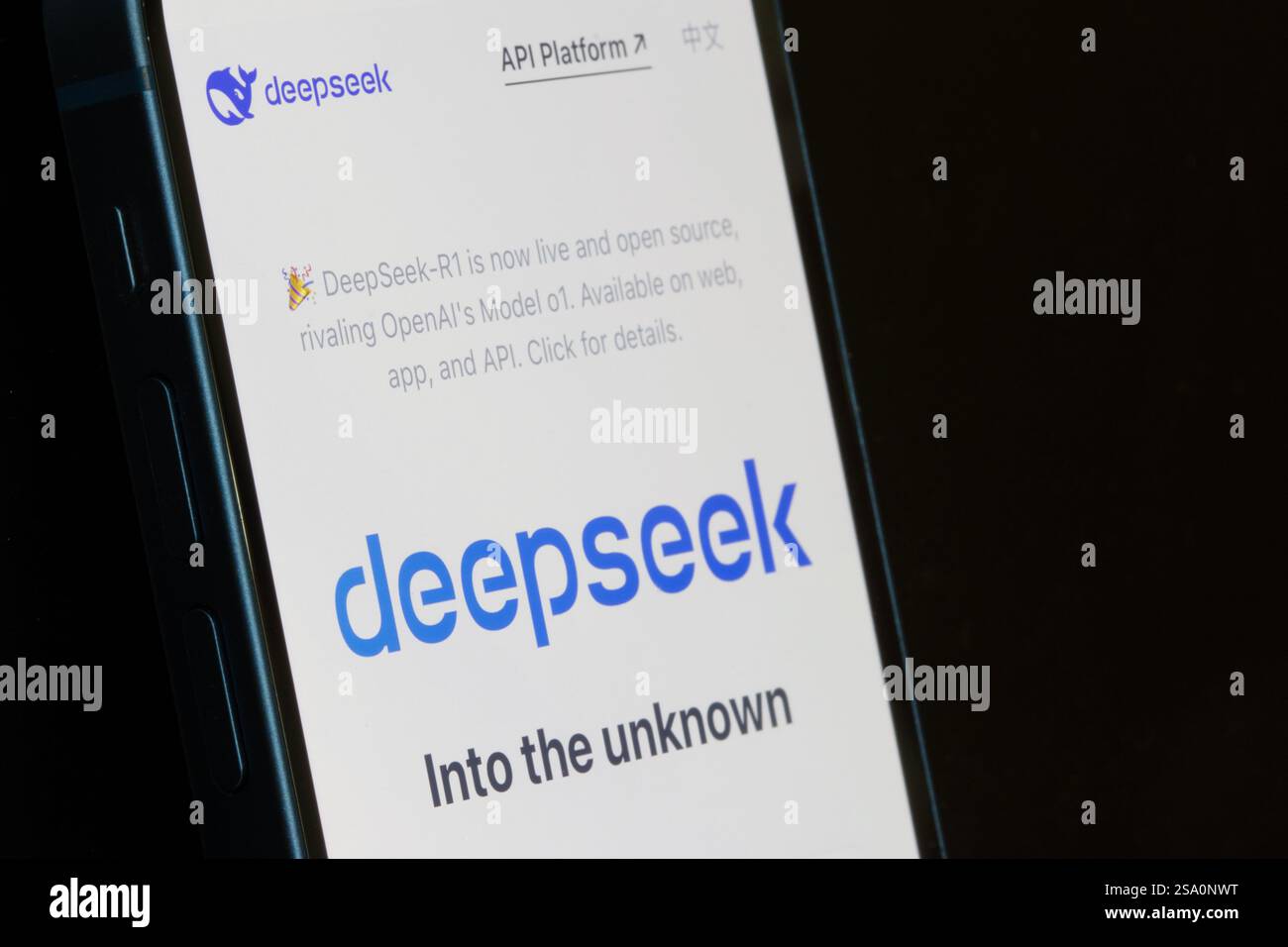 Website homepage of DeepSeek, a Chinese artificial intelligence startup based in Hangzhou, is seen on the screen of an iPhone. Stock Photo