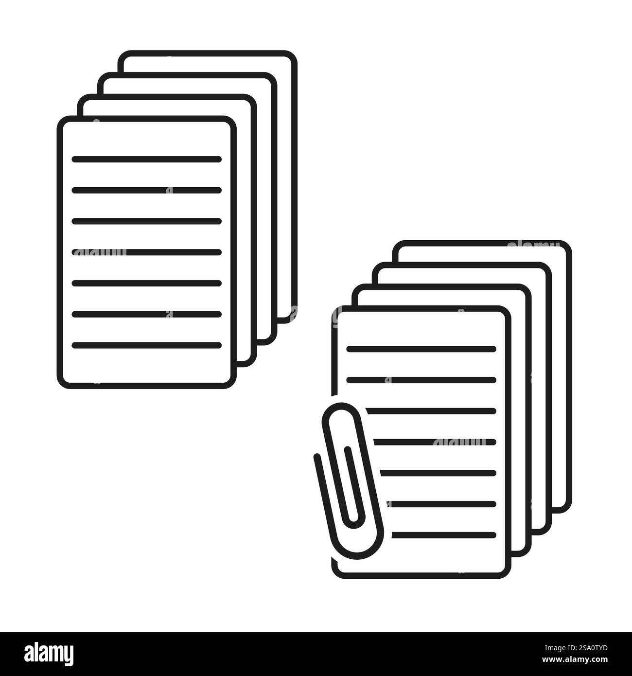 Stacked document icon. Organized paper shape. Paperclip detail. Black ...