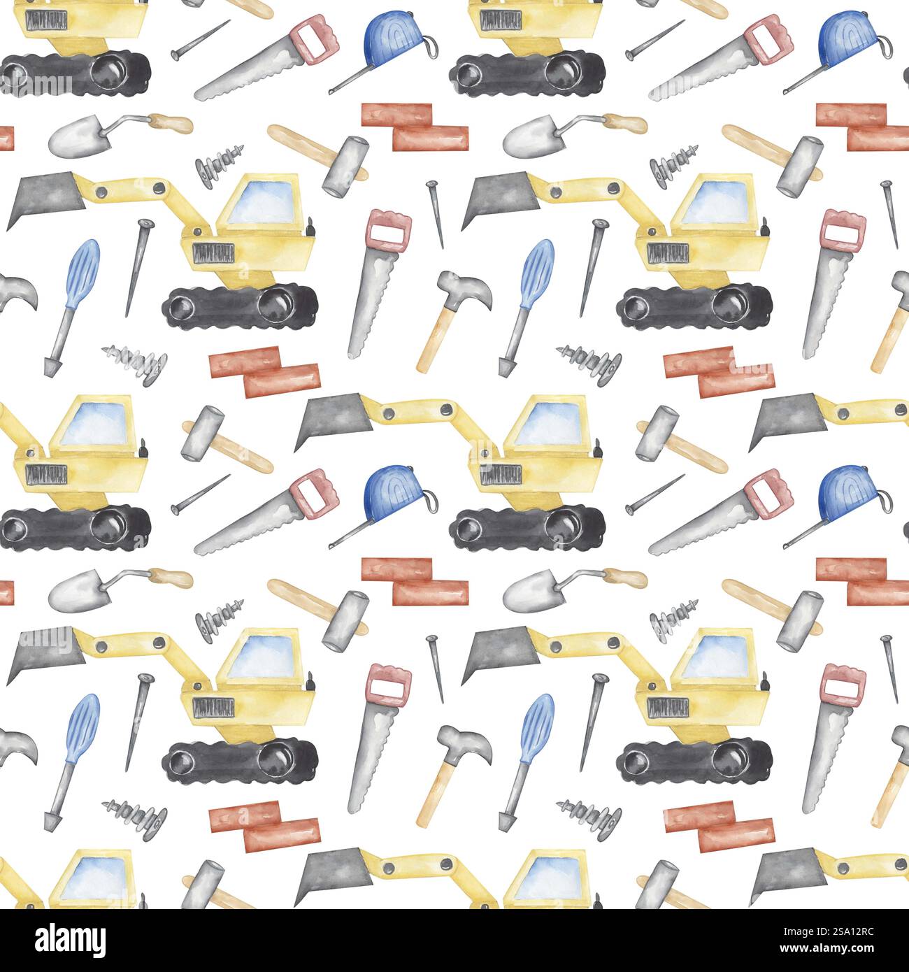 watercolor cute kids builder elements and excavator work machine ...