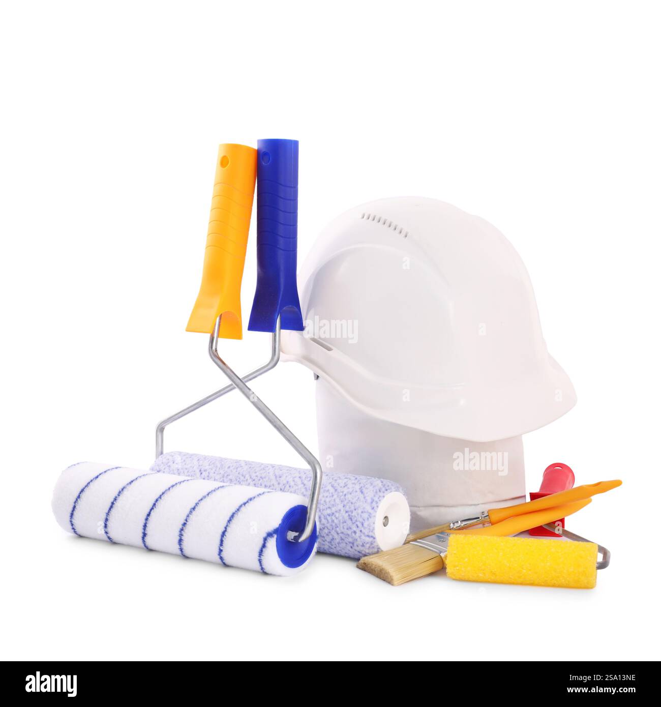 Building material, hardhat and different construction tools isolated on ...