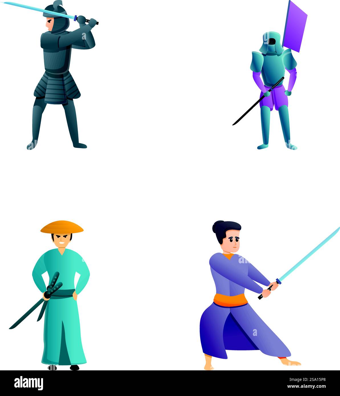 Samurai icons set cartoon vector. Japanese samurai warrior with sword ...