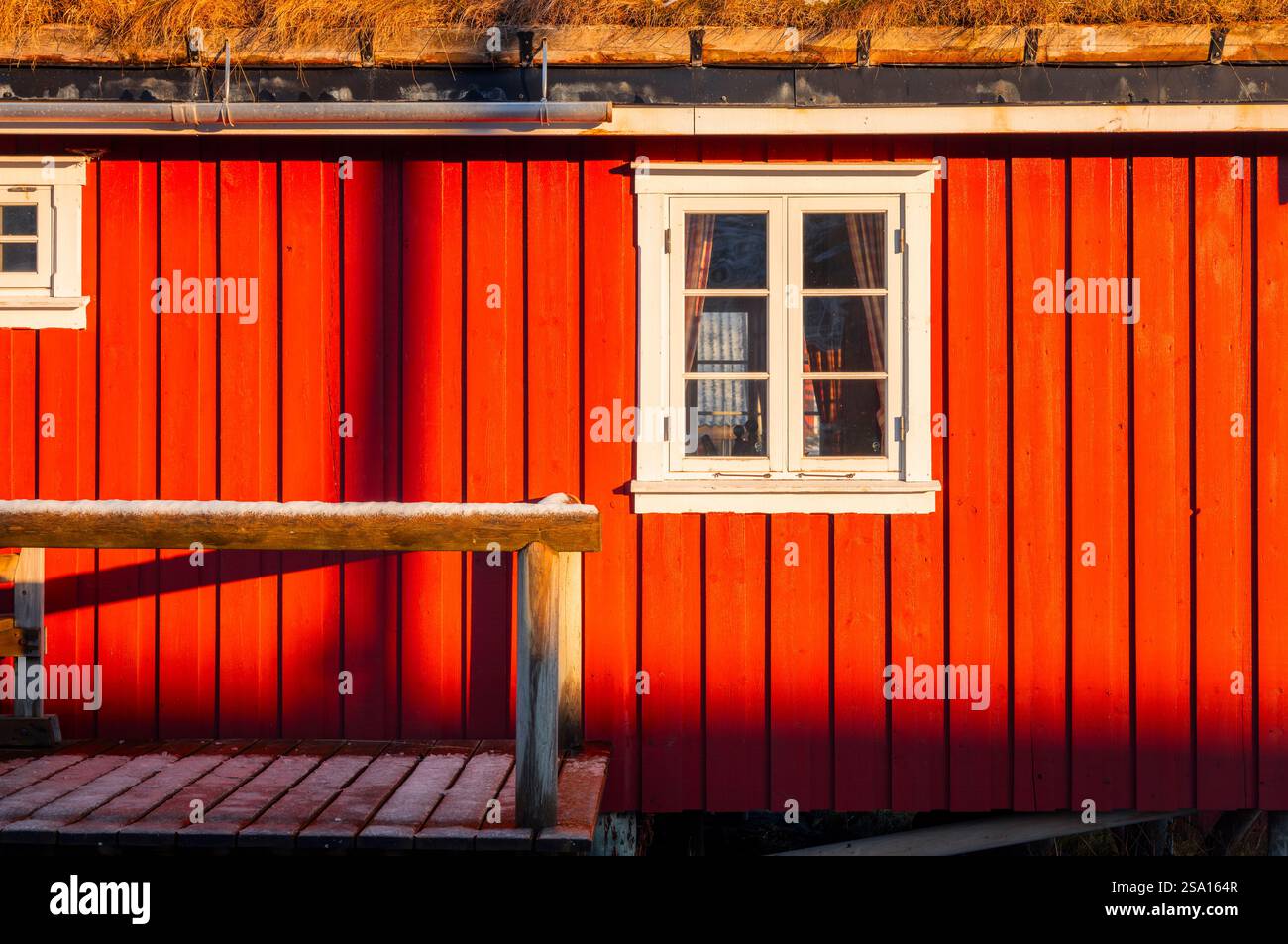 Details of a Rorbu at Reine during winter sunset, Moskenes, Moskenesoya, Nordland, Lofoten, Norway, Northern Europe Stock Photo