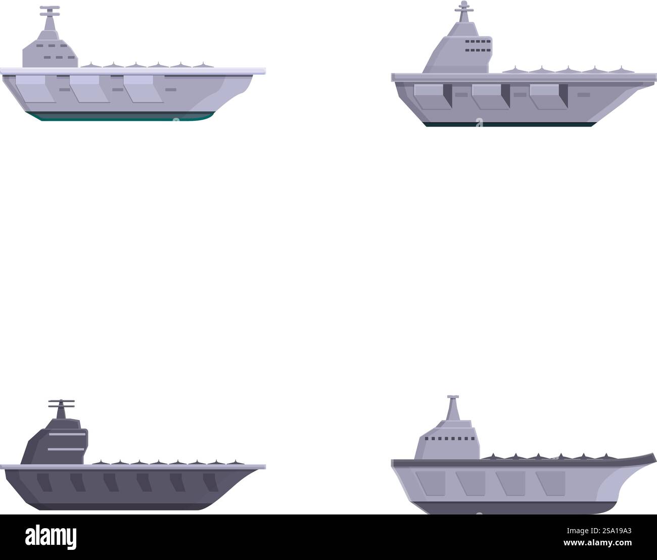 Aircraft carrier icons set cartoon vector. Aircraft carrier with plane on board. Military ship, warship. Aircraft carrier icons set cartoon vector. Aircraft carrier with plane on board Stock Vector