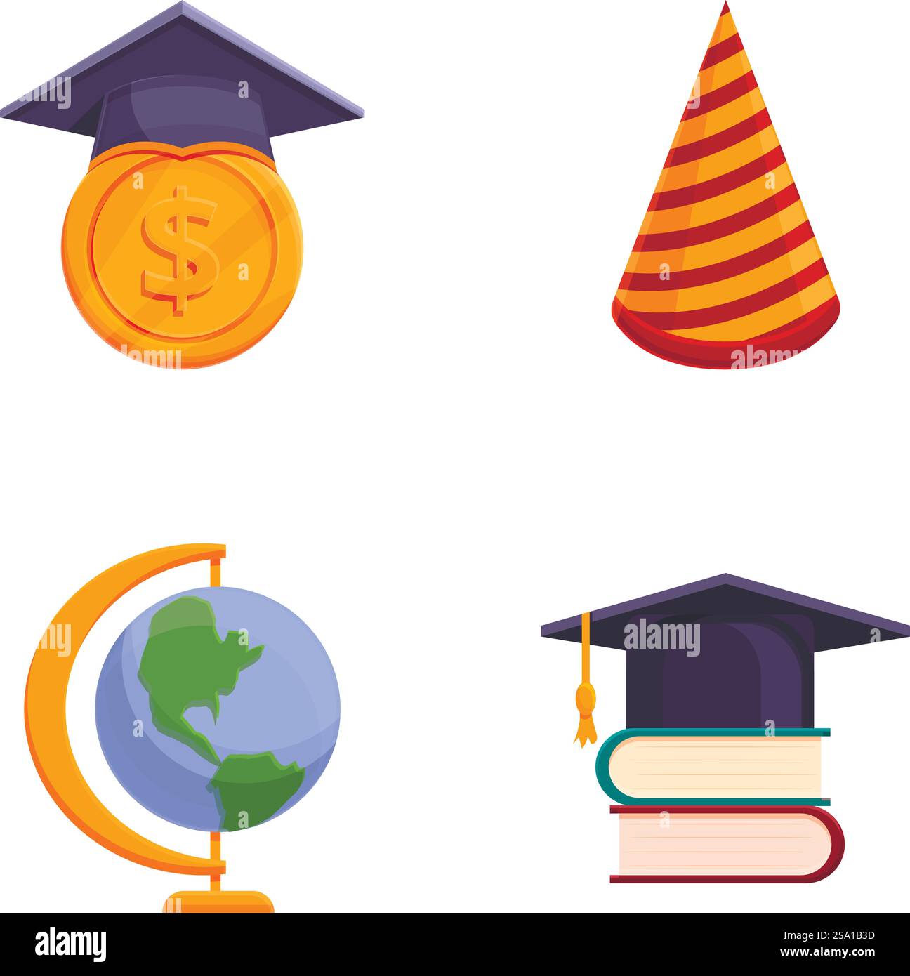 Education icons set cartoon vector. Graduation cap, book and globe ...