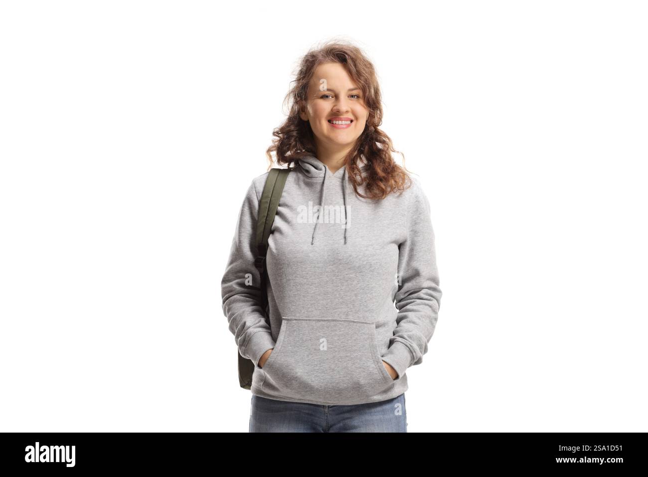 Female college student standing and smiling at camera isolated on white ...