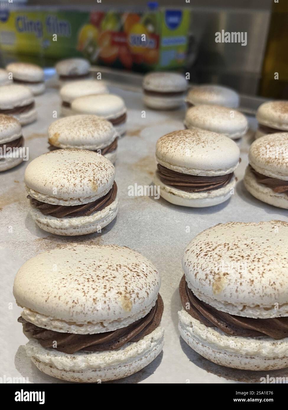 Freshly baked macarons with chocolate gingerbread ganache, Vienna, Austria, Europe Stock Photo
