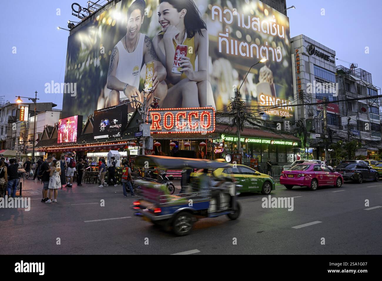 Street scene on Khaosan Road, blue hour, Bang Lamphu, Bangkok, Thailand, Asia Stock Photo