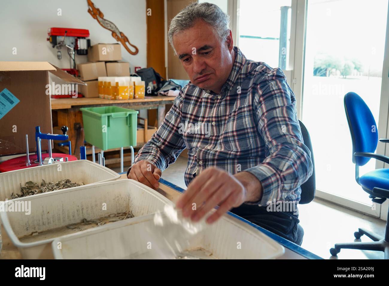 Disabled worker working in the ESAT product packaging workshop ...