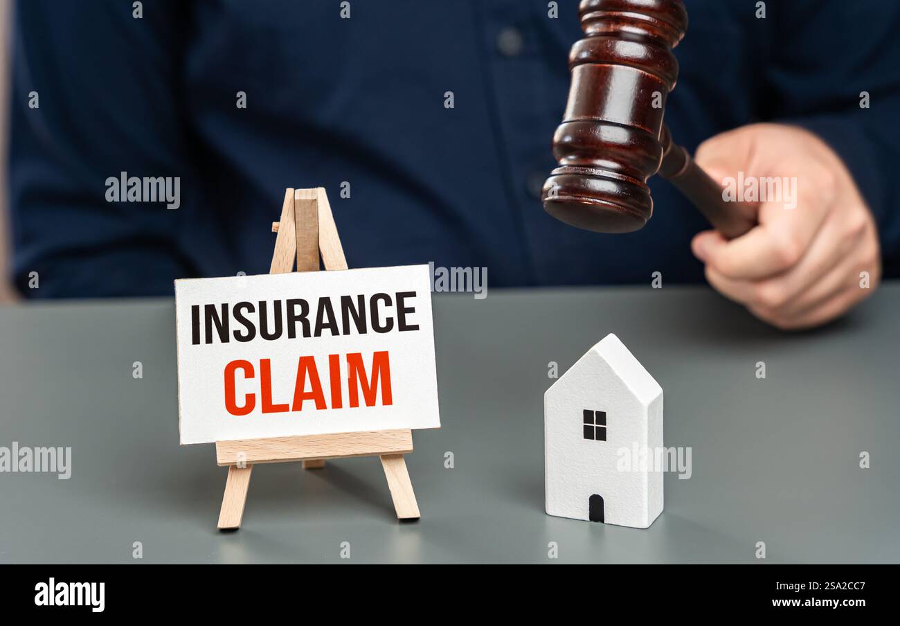 Insurance claim. Satisfy the request to an insurance company for coverage or compensation for a covered loss or policy event. Judicial settlement. Stock Photo