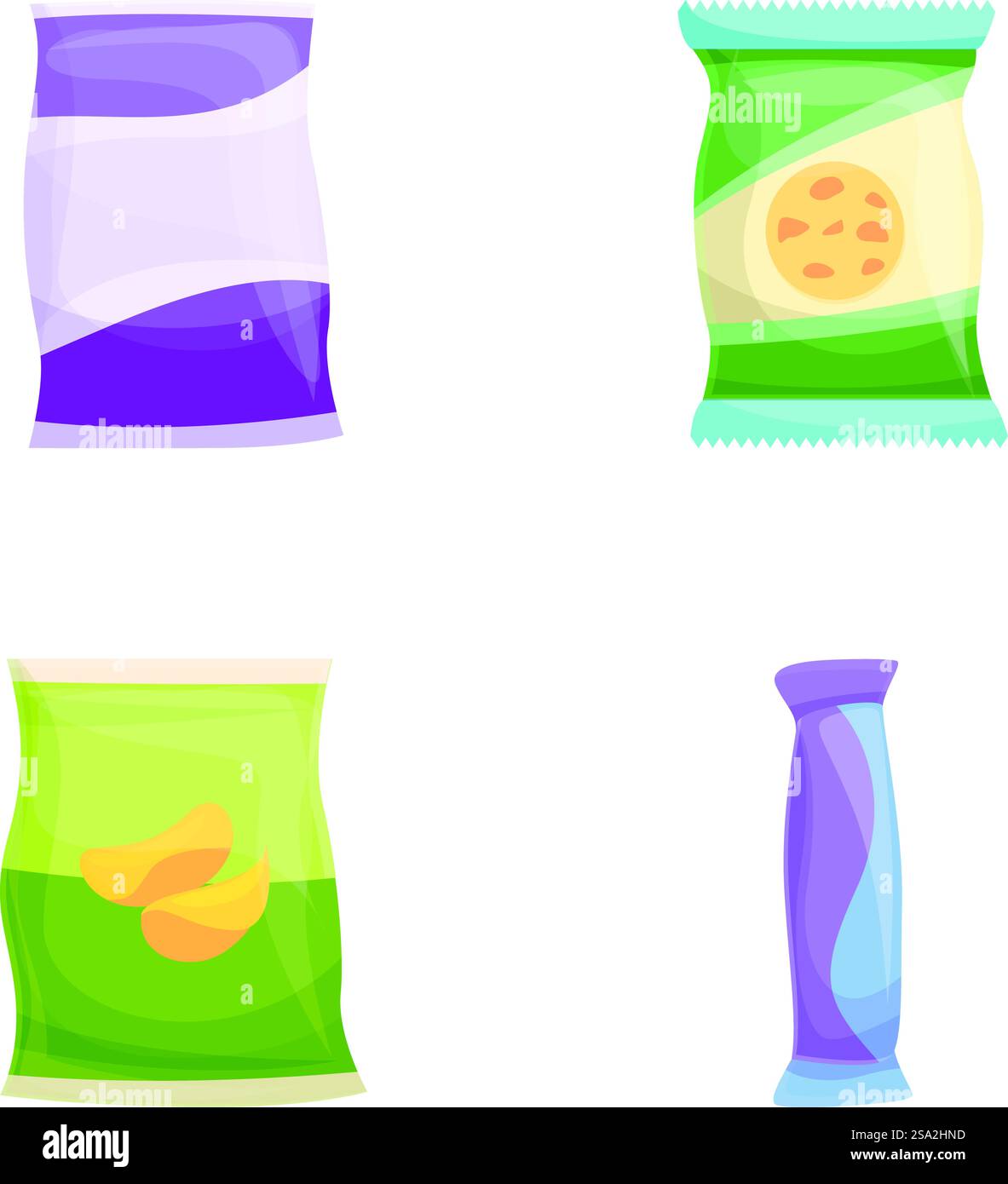 Snack icons set cartoon vector. Various type of packaged snack ...