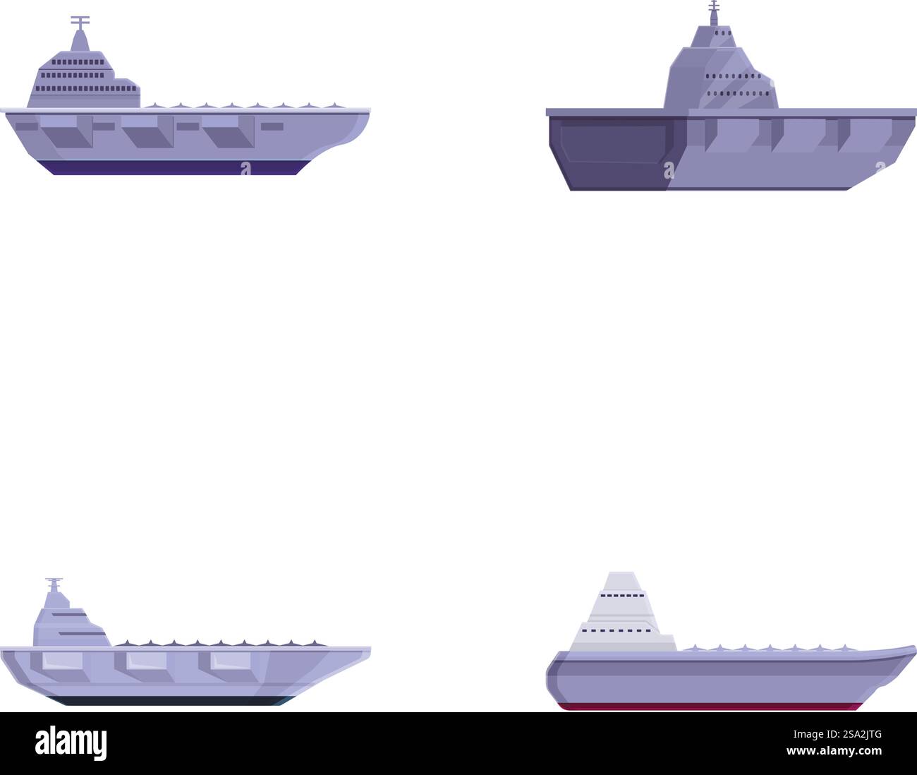 Warship icons set cartoon vector. Aircraft carrier with plane on board. Military ship. Warship icons set cartoon vector. Aircraft carrier with plane on board Stock Vector