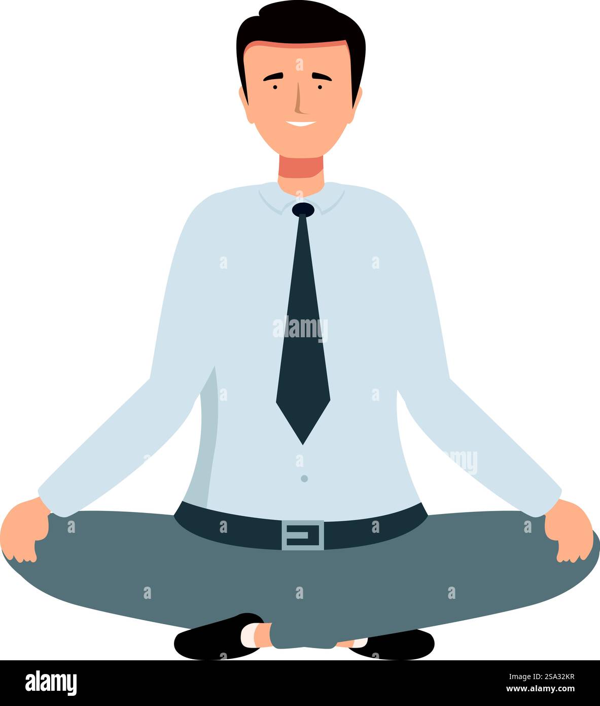 Cartoon of a man in business clothes sitting crosslegged in a meditative pose. Businessman practicing meditation in office attire Stock Vector