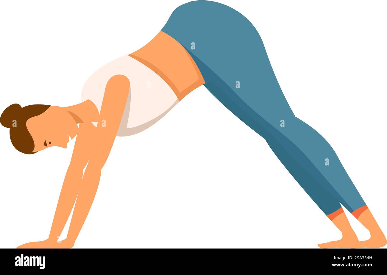 Illustration of a woman performing the downward dog pose, showcasing calmness and flexibility. Woman practicing downward dog yoga pose Stock Vector
