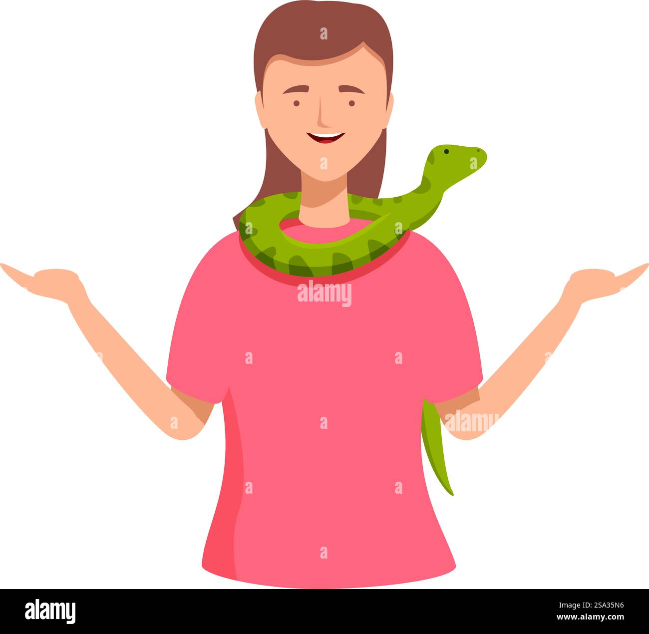 Cheerful animated woman with a green snake around her neck, showing harmony with nature. Cartoon woman with friendly snake Stock Vector