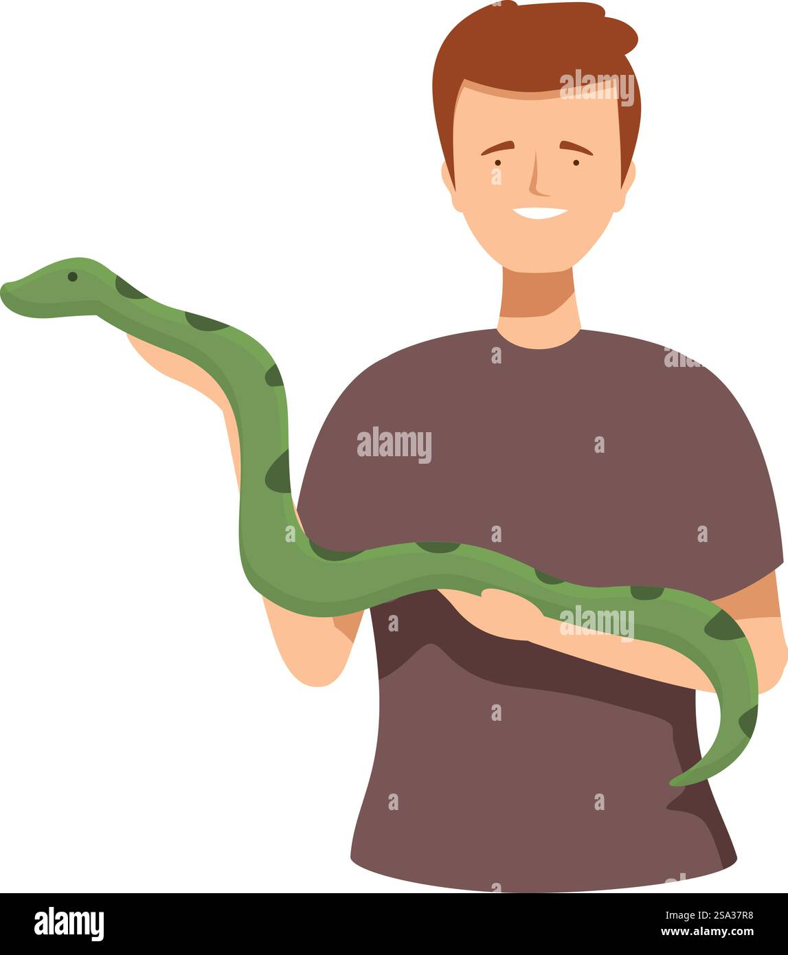 Cartoon illustration of a happy young man with a friendly green snake ...