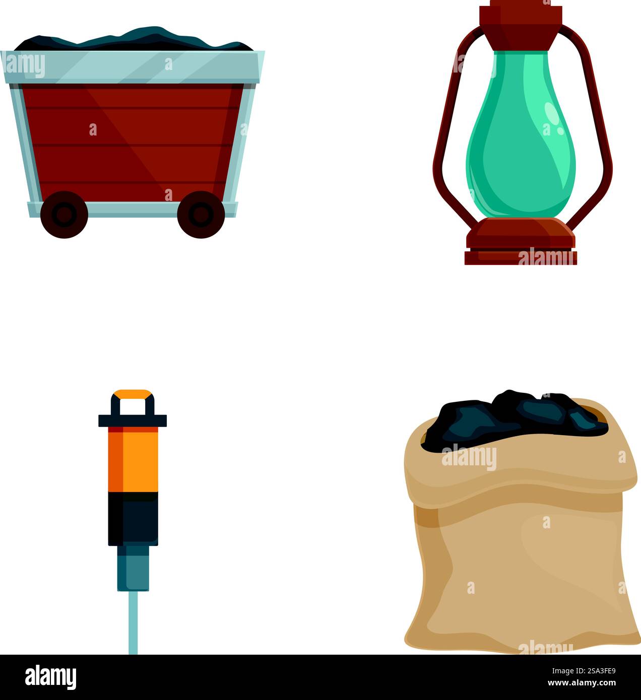 Collection of four miningrelated icons, including equipment and resources. Mining icons set cart, lantern, pickaxe, and sack Stock Vector