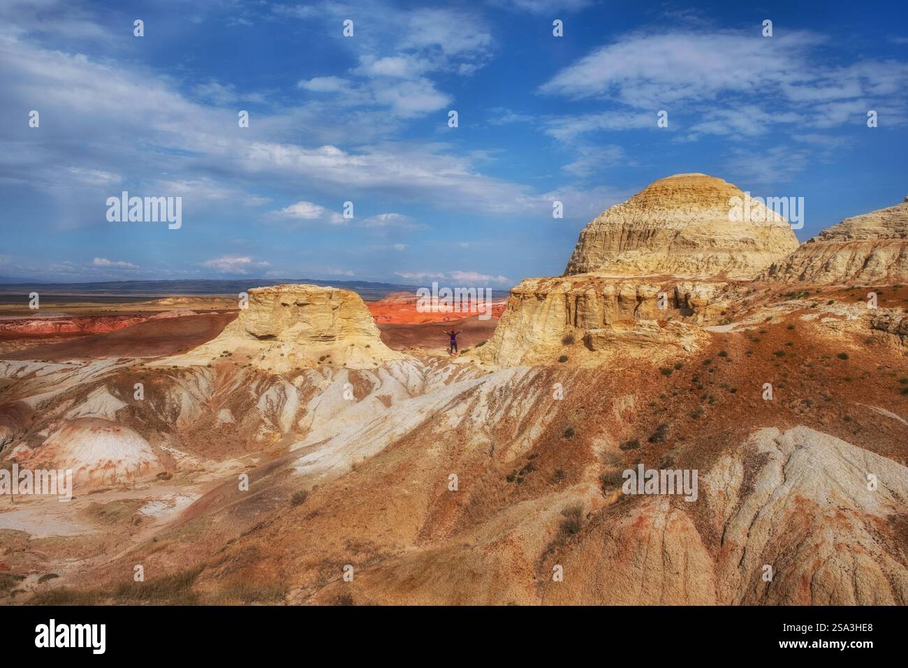 Tourist on the background of a fantastic landscape with multi-colored ...