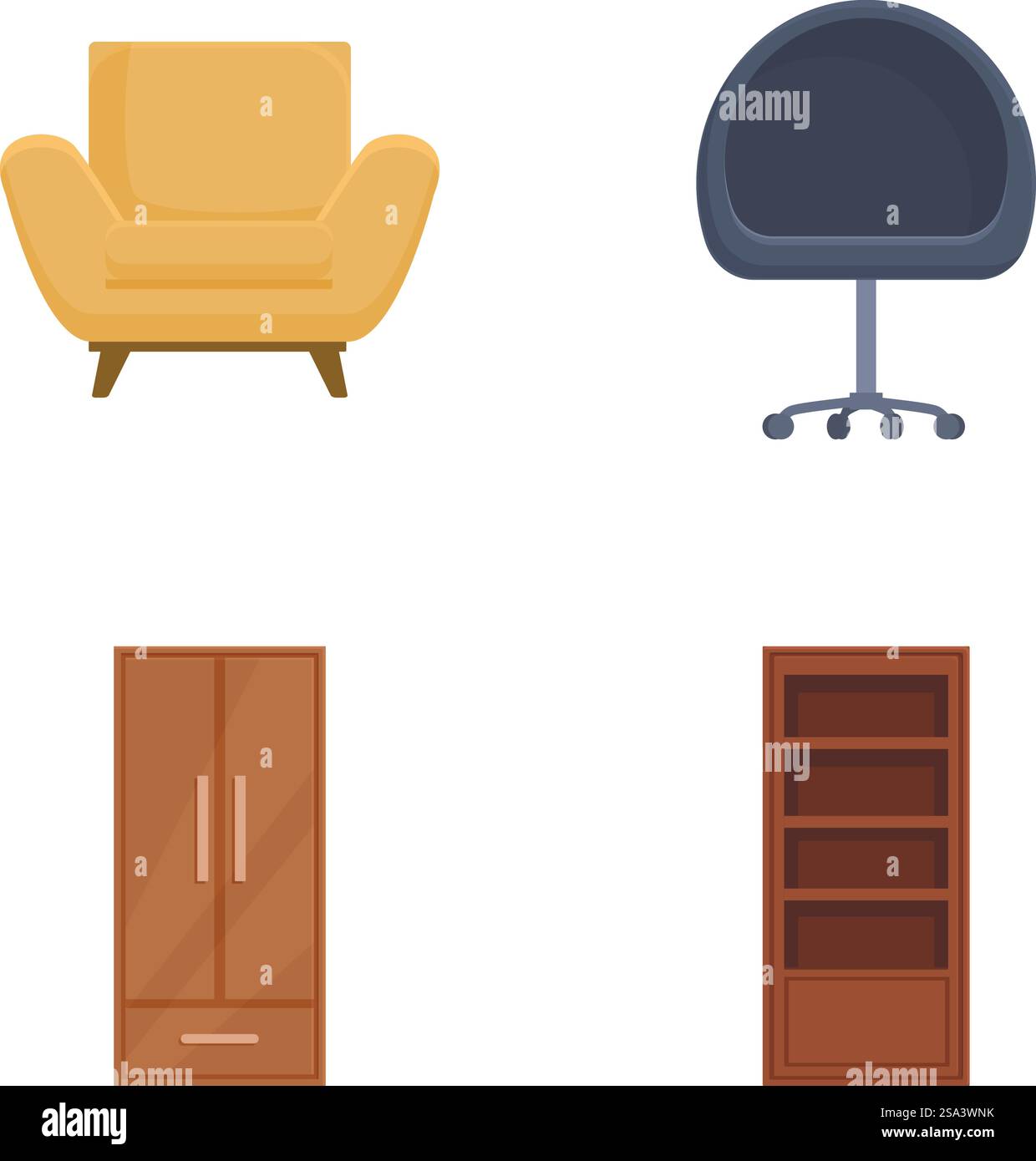 Four icons depicting modern furniture pieces including a couch, office ...