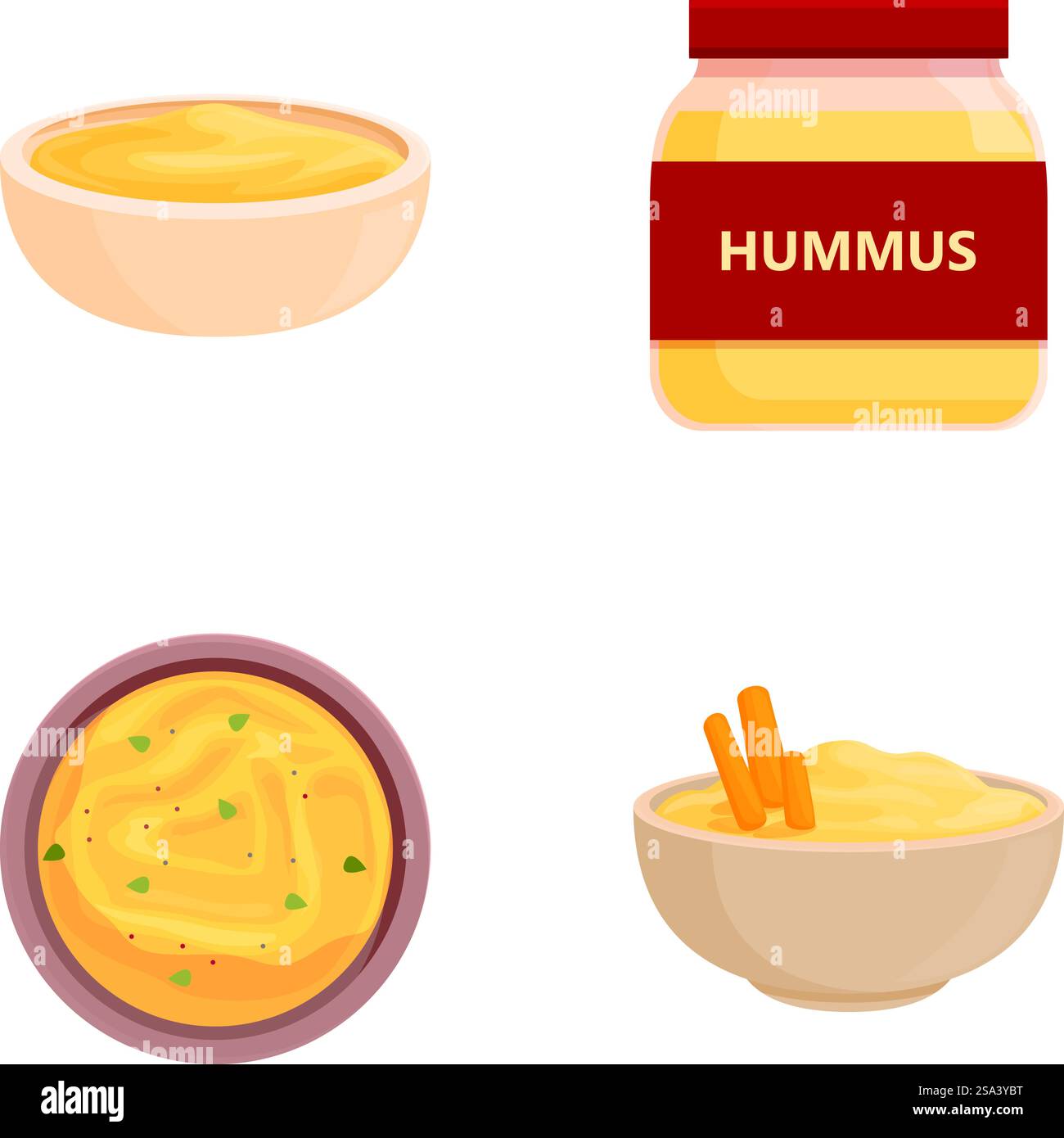 Colorful vector set of various hummus dips in bowls and a jar, isolated ...