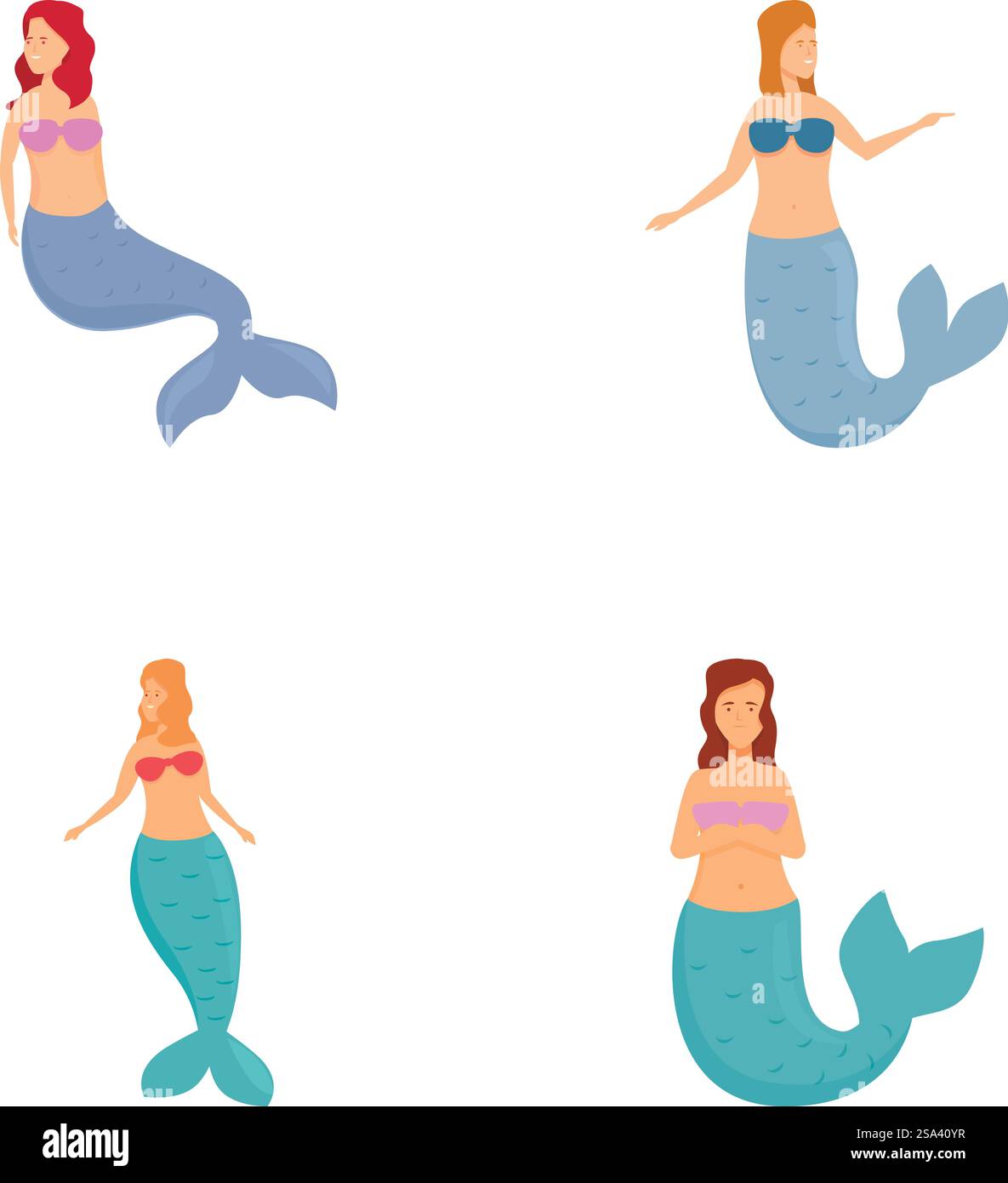 Collection of four mermaids with different hair and tail colors, isolated on white. Set of diverse mermaid characters Stock Vector